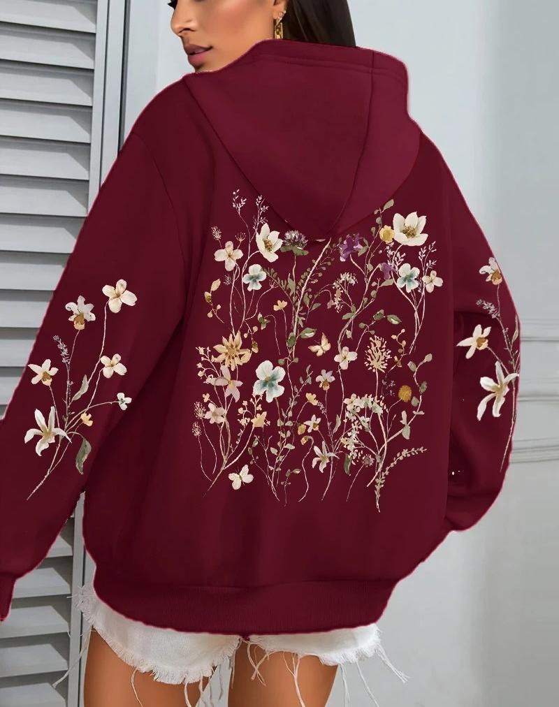 Damen Kapuzenpullover mit Blumen-Cluster-Print - Herbst Locker Lässig Fleece Pullover mit Taschen