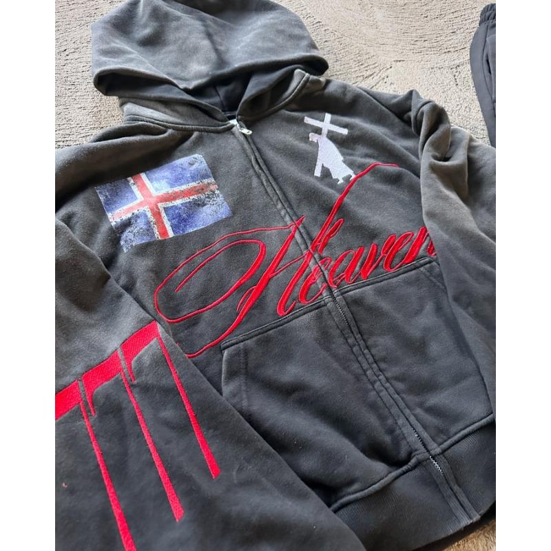 High Street Hip Hop Letter Graphic Print Zipper Cardigan Hoodies Men Y2K Popular White Trousers Sports 2-Piece Sets