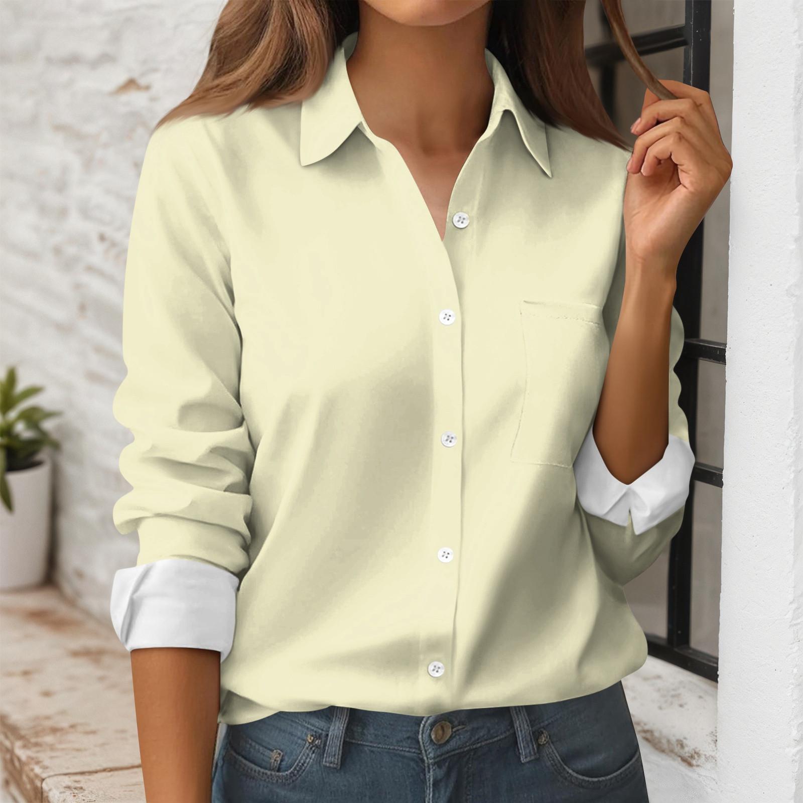 Women s Button Down Shirt Long Sleeve Shirt Business Work Tops Casual With Pockets Jacket XL жёлтый
