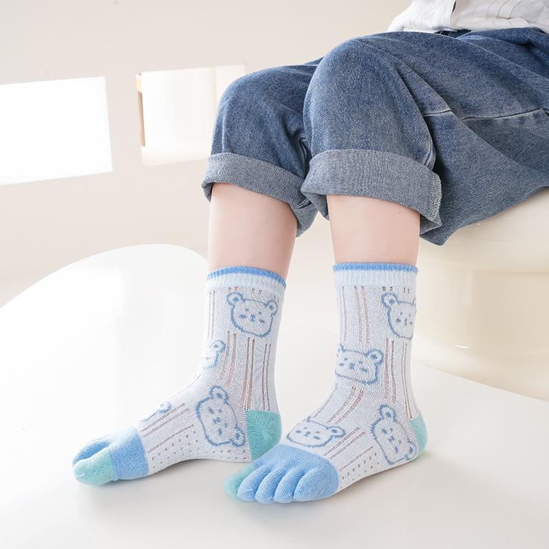 5 Pairs Kids Split Toe Mesh Socks Summer Thin Cute Cartoon Bear Head Five Fingers Glass Silk Cotton Socks for Baby Boys Girls