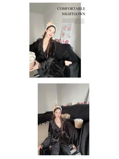 Lusi's French Gold Velvet Sexy Pajama Set: Camisole, Long Sleeve, and Long Pants.