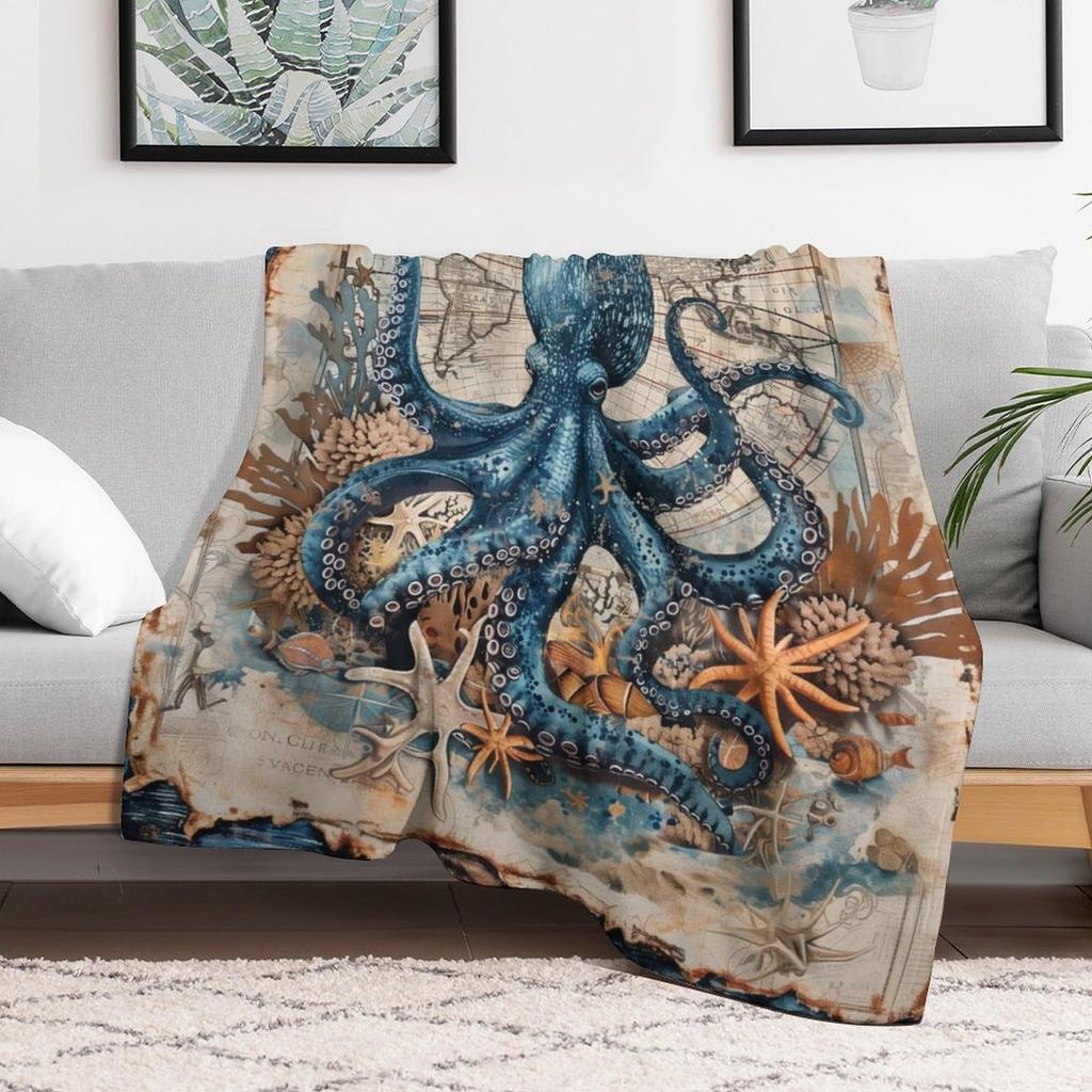 Retro nautical octopus Printed Blanket for Sofa Bed Travel Camping Living Room Office Conditioning Blanket for All Seasons Gifts