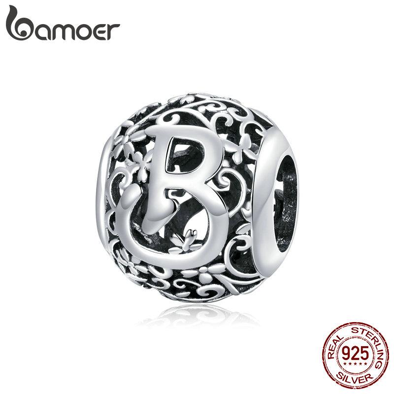 BAMOER 925 Silver Retro Letter Charms Hollowed Alphabet A-Z Round Beads for Women Bracelet DIY Jewelry Making