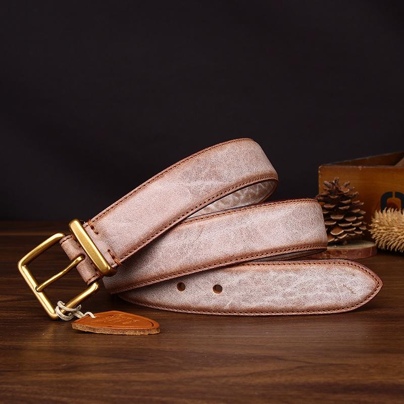 Men s Retro Distressed Cowhide Leather Belt, Handmade, Folded-Over Top Layer 115cm