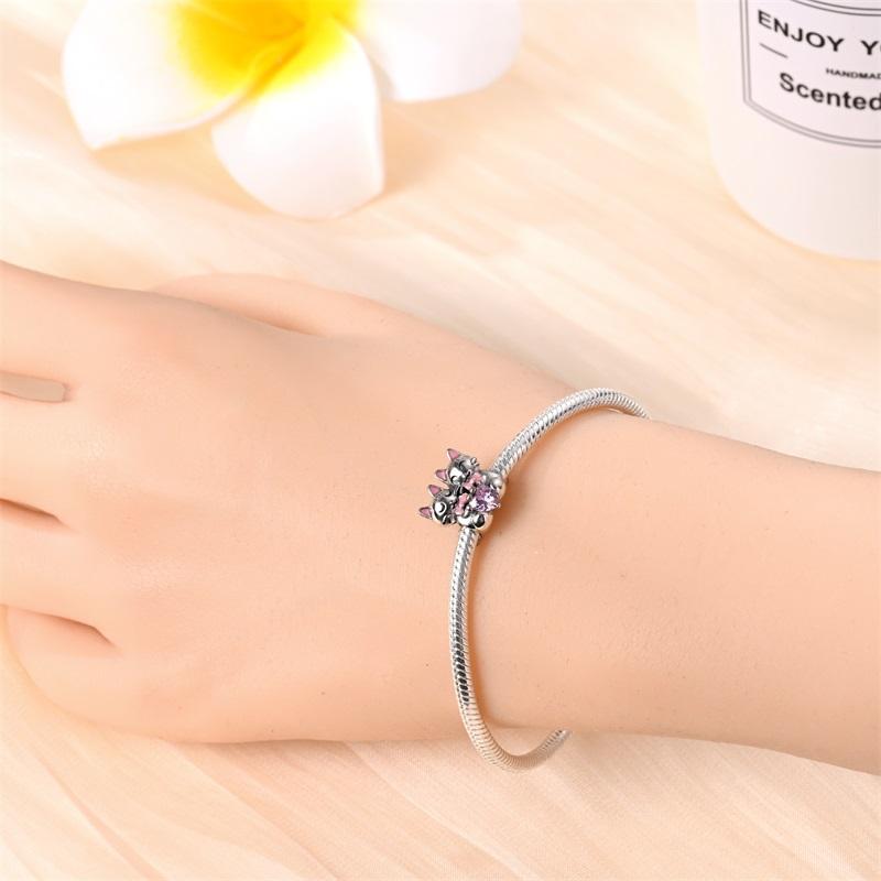 100%Stering Sweet Twin Cats Charms Beads Pink Heart Gem Fit Original Bracelet Diy For Women Jewelry