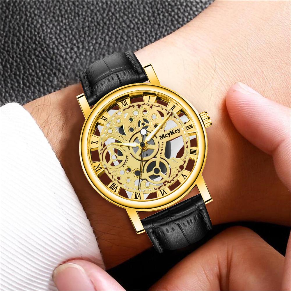 Men's Transparent Bottom Hollow-Out Leather Strap Quartz Watch