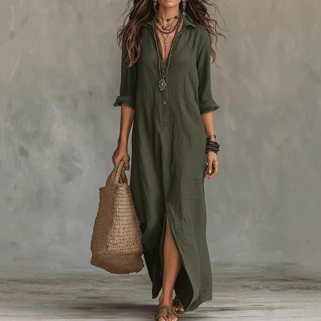 2026 Spring/Summer Casual Solid Color Lapel Slit Dress