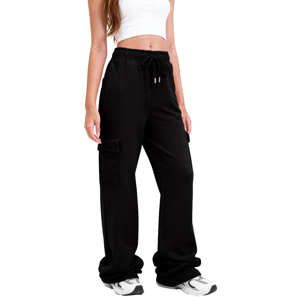 Women Cargo Sweatpants Stacked Pants Warm Fleece Drawstring Waist Casual Joggers Trousers