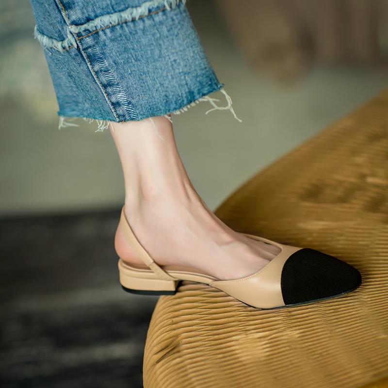 In Stock French Coco Style Soft Leather Color Block Low Cut Sandals - Women's Spring Mid and Thick Flat Heels