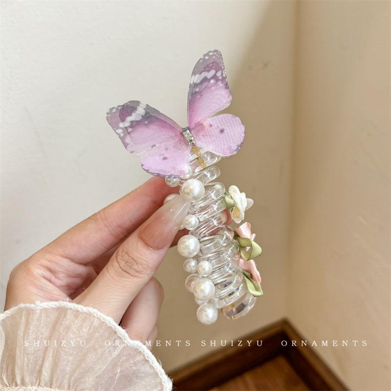 

5 шт. Резинки для волос в виде телефонного шнура-бабочки для женщин, спиральные держатели для хвостиков с цветами и жемчугом, идеально подходят для косичек и волн, резинка для волос в виде бабочки 1pc фиолетовый