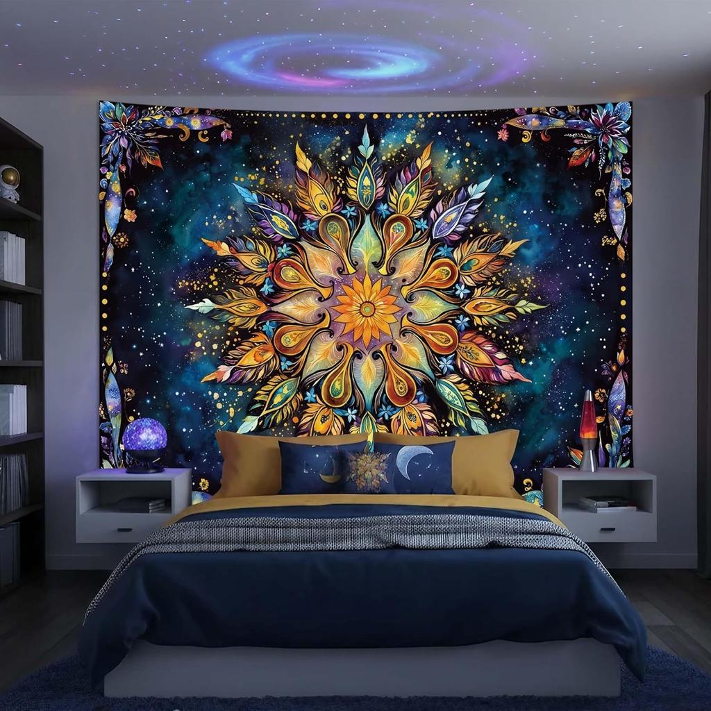 Bohemian Peacock Feather Mandala Tapestry, Colorful Floral Print with Starry Galaxy Background Large Wall Hanging for Bedroom