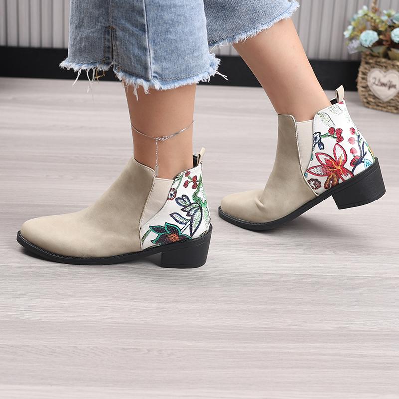 Retro Mid Heels Pointed Toe Casual Ankle Boots Autumn Flower Patterned Patchwork Boots Botas Mujer Booties Feminina Women Shoes