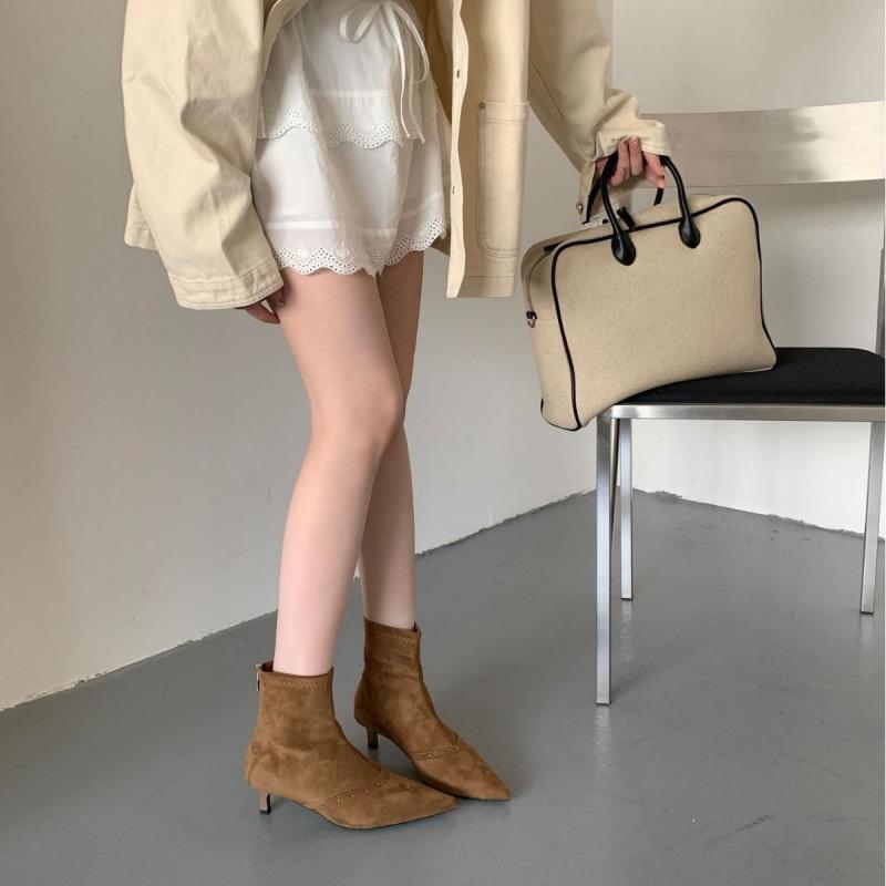 2025 autumn and winter new temperament high heel thin short boots women's pointed head thin heel rear zipper and bare boots