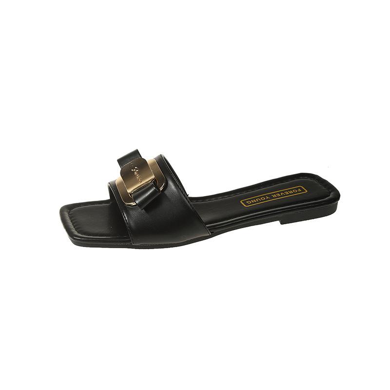 Large Size Metal Sheet Decorative Flat-Bottomed Slippers Women'S Square Head Open-Toed Versatile One-Word Niche Slippers