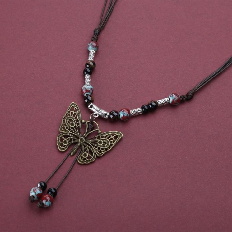Beaded Butterfly Pendant Necklace Geometric Bead Clavicle Sweater Chain Jewelry