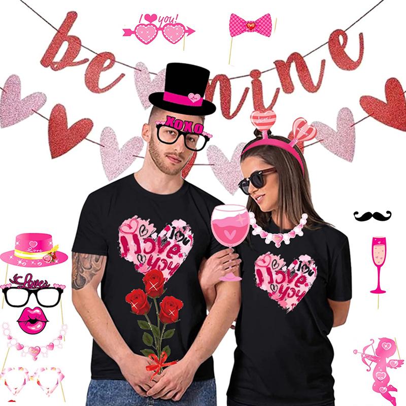 25/28/35pc Valentine's Day Photo Booth Props Handheld Photography Photo Prop Love Heart Glasses Hats Mask Photo Decor Supplies