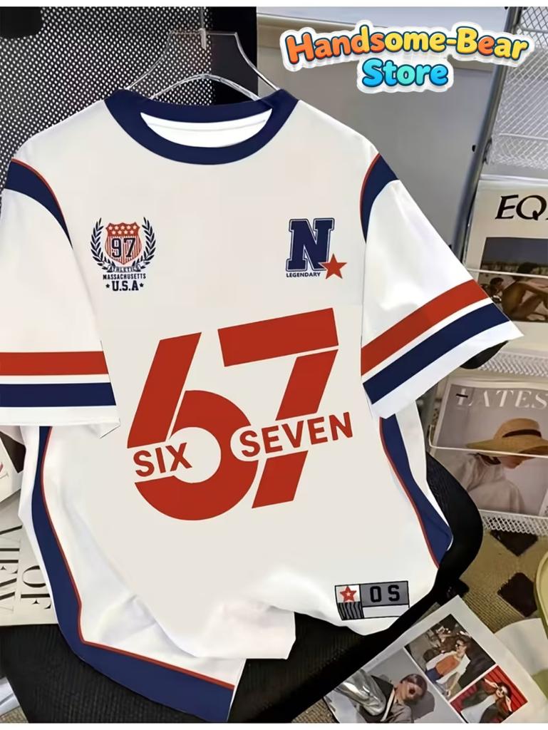 T-shirt Meme 67 pour Enfants Drôle Impression Numérique 3D Numéro 67 Maillot de Football T-shirt Style Maillot Lâche Mode Vêtements pour Enfants