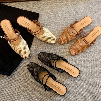 Vintage Geweven 1 Instapper Teen Halve Pantoffels Dames Nieuwe Bovenkleding Franse Feeënstijl Dikke Hak Vakantieschoenen