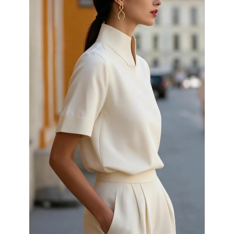 Stehkragen Kurzarm Bluse Elegante Bürokleidung Lässige Arbeitskleidung Oberteile für Damen