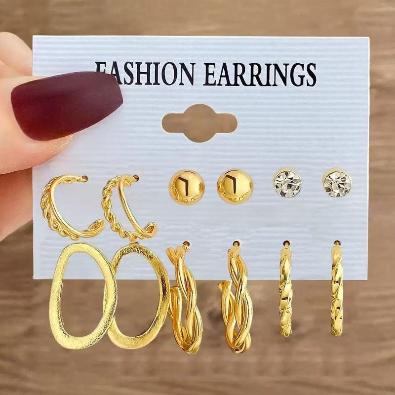 6Pairs 18K Gold Plated Alloy Earrings Set Stainless Steel Post CZ Pearl Heart Hoop for Women Fashion Jewelry