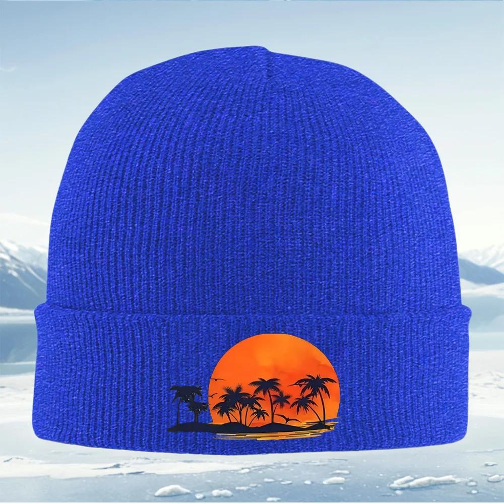 Palm Trees Sun Birds Ocean Sunset Unisex Women Unisex Knitted Hat Beanie Pullover Cap Winter Thermal Warm Christmas Outdoor Cycling