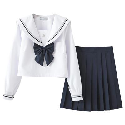 [Formemory] Sailor Uniform Authentic School Uniform Cosplay White Long-Sleeve and Short-Sleeve Variants Navy Blue 3-Piece Set (S, Long-Sleeve)