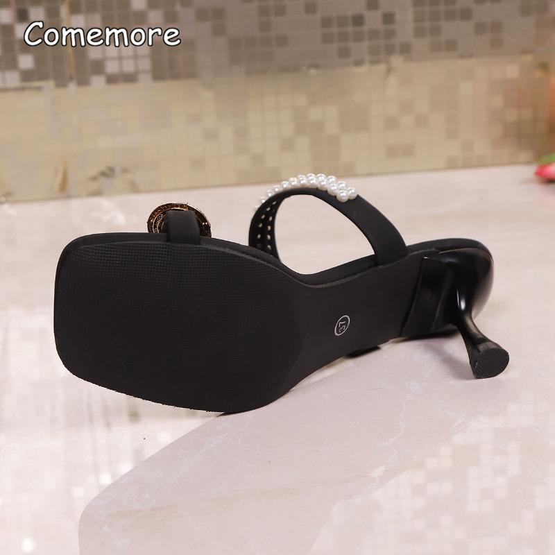 Fashion 2025 Summer New Square Head String Strap Sandals French Pearl Women's Fashion Outerwear Shoes High Heels Sandalias De Mujer