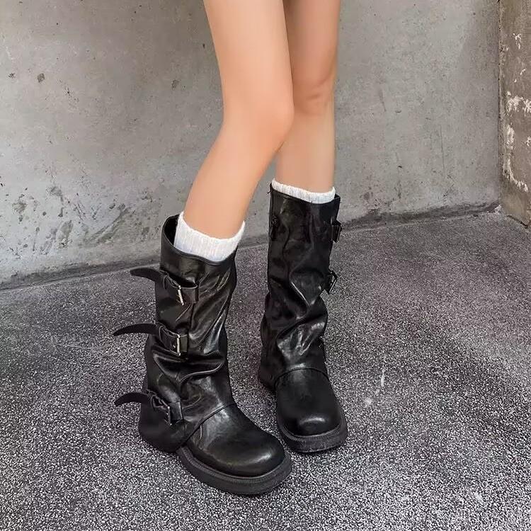 Cowhide version~ retro thick-soled pants boots women's 2025 new niche design boots pleated stacking boots boots boots
