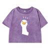 Cartoon Duck Print With Question Mark Printing Women Washed Short T Shirt Breathable Street Fashion Casual Distress Top