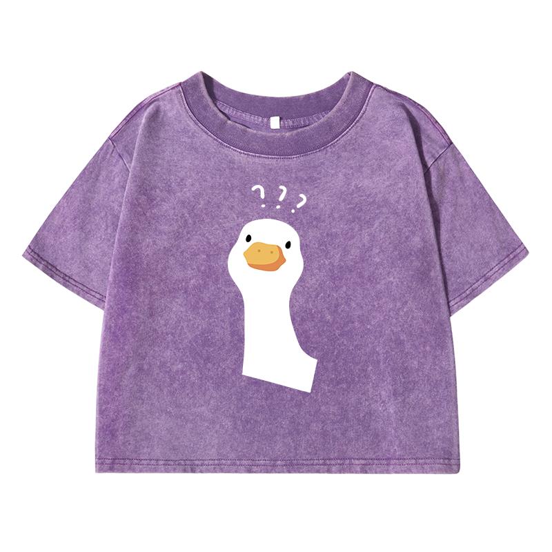 Cartoon Duck Print With Question Mark Printing Women Washed Short T Shirt Breathable Street Fashion Casual Distress Top