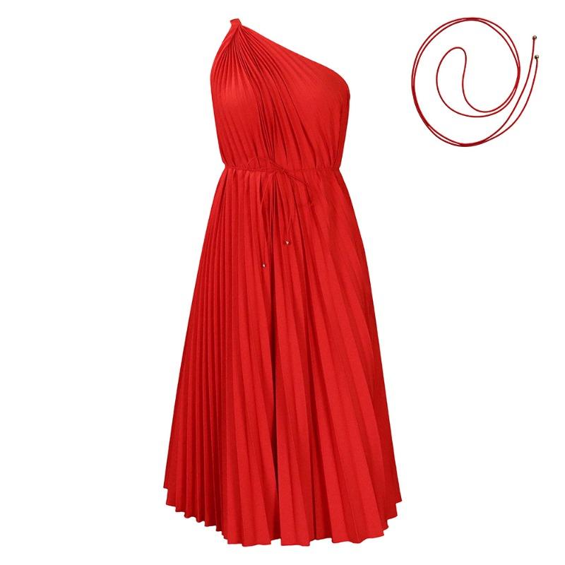 Damen Sommer Neu Einfarbige Schräg Schulterträger A-Linie Rock Locker Faltenkleid