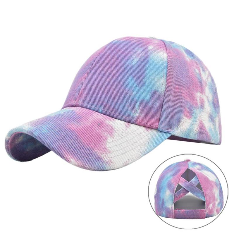 

Tie-dyed Sun Hat Breathable Mesh Cotton Casual Mesh Caps Ponytail Messy Bun Caps Unisex Adjustable Baseball Cap For Beach Music фіолетовий