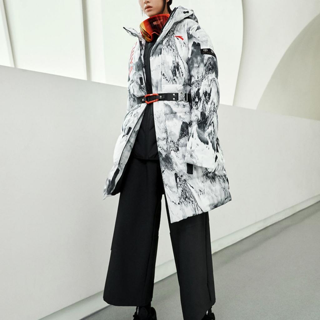 Anta Comprehensive Training Series Full Print Logo Zip Hooded Thickened Warm Mid-Length Down Jacket Unisex Outerwear White 152317901-1