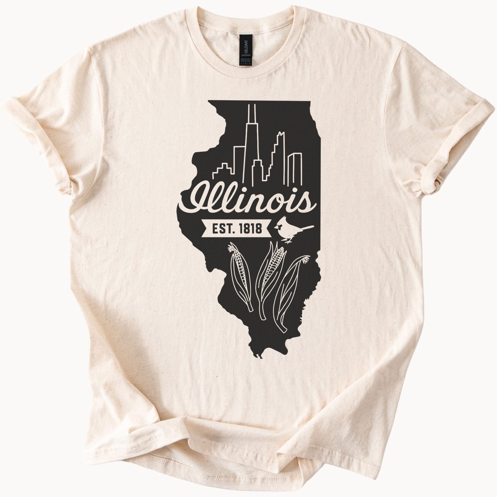 Illinois State Skyline Graphic Shirt with Corn Cardinal and Est 1818 Unique Midwest Souvenir Illinois Map T Shirt Gift for Illinois Lovers 120