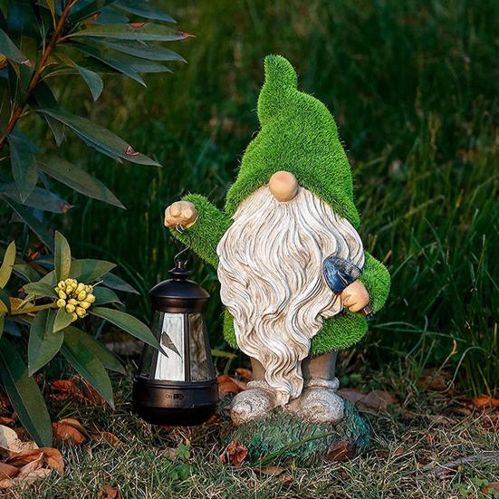 Garden Gnome Solar Light Dwarf Statue Holding Solar Lantern Flocked Gnome Sculpture Outdoor Decor with Lighting for Yard Patio Porch Terrace