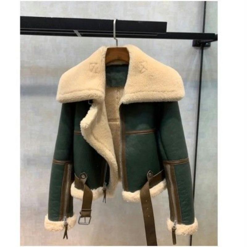 

2 winter new green splicing large lapel locomotive clothes women s thickened short fur integrated cashmere jacket 2xl【recommendation 130--145】 темно-зелений колір