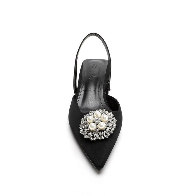 Neue Damenschuhe Spitzschuh Flach Nude Rosa Diamant Perle Schuhe Niedriger Absatz Riemchen hinten Schuhe Damen Sandalen