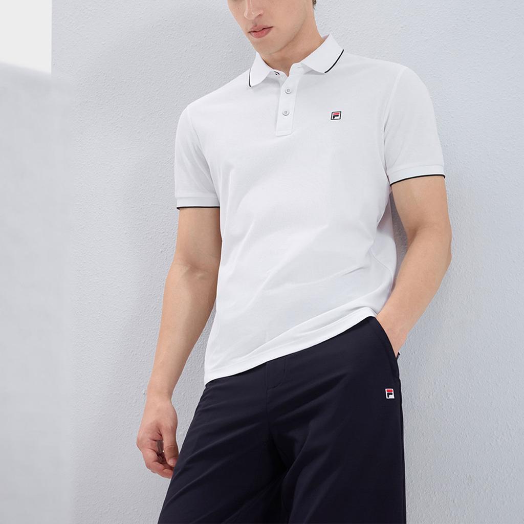 FILA Casual Solid Color Knitted Short Sleeve Polo Shirt Men tops White F11M331103FWT