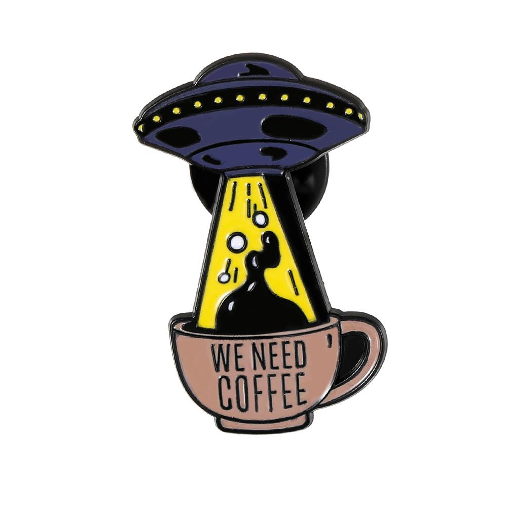 New Anime UFO Animal Design Brooches Alien We Need Coffee Enamel Collar Pins With Free Shipping
