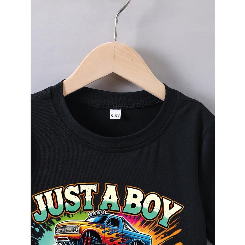 European sizes A Summer Short-Sleeve T-Shirt for Boys That Says 'Just a Boy Who Loves Monster Trucks.'
