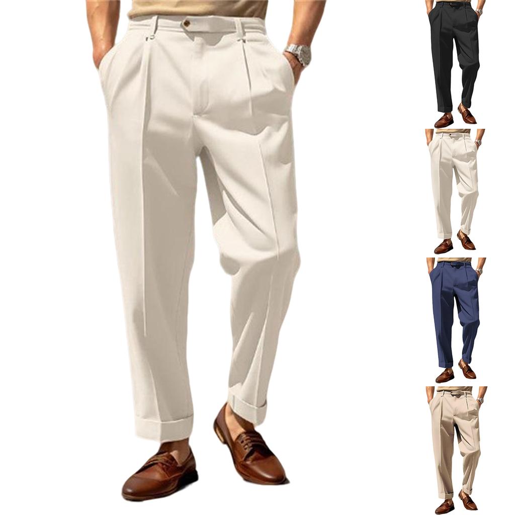 Men's Button Tapered Suit Pants Classic-Fit Pleated Dress Pant Lightweight Straight-Legs Men Trousers