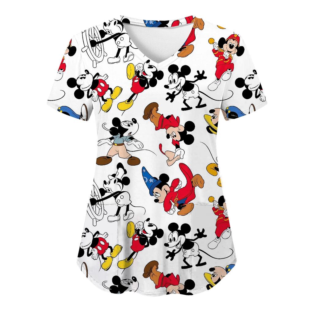 Miniso Minnie Mouse T-shirts V Neck Woman Clothes Hospital Tops Disney Top Women 2025 Nurse Uniform T-shirt Pocket Summer Tees
