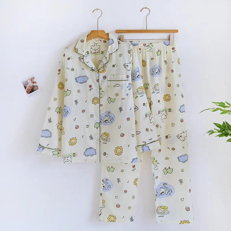 Spring and Summer New Women's Pajamas Set 100% Cotton Double-layer Gauze Long-sleeved Two-piece Set Cartoon Cute and Sweet Home