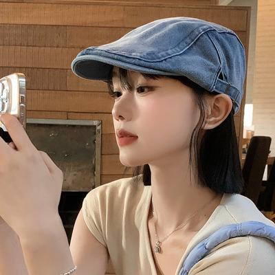 Frühling und Herbst Retro gewaschener Denim Forward Hat großer Kopfumfang lässt Gesicht kleiner wirken Barett vielseitiger Schiebermütze Damen