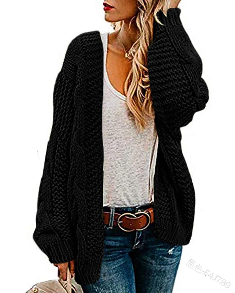 2026 Spring/Autumn Women's Mid-Length Chunky Cable Knit Cardigan - Solid Color, Casual & Loose Fit