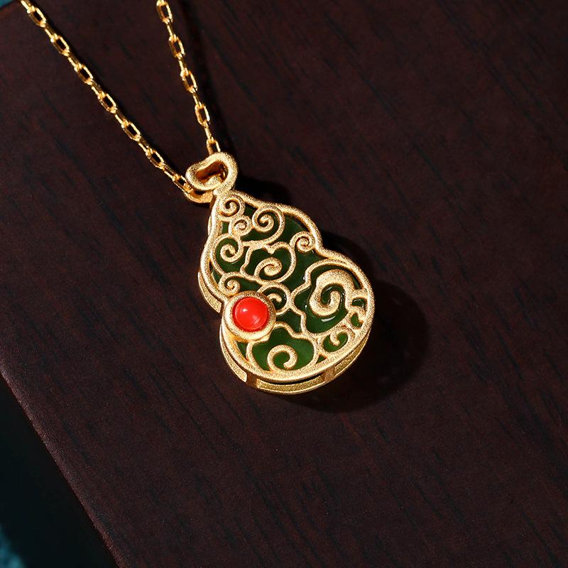 Douyin Kuaishou Live Traditional Chinese Gold Fu Lu Shou Gourd Jade-Inspired Retro Necklace.