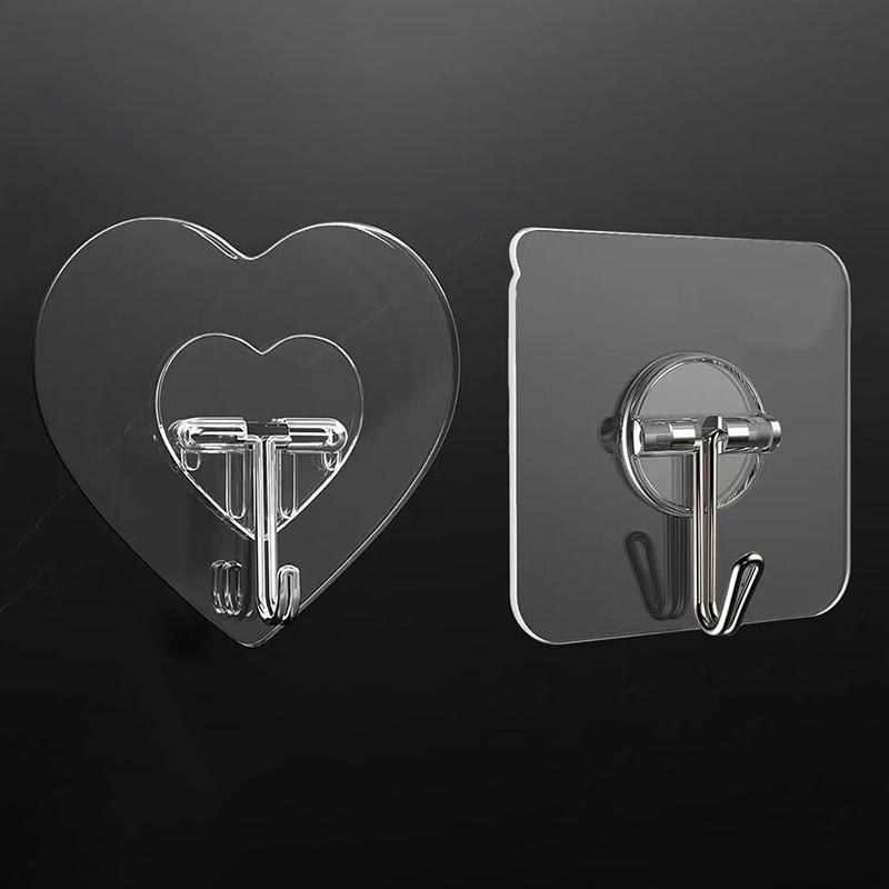 1Pcs Heart-Shaped Square Transparent Hook Non-Punched Plastic Love Hanger Rack Self-Adhesive Key Towel Multi-Purpose Hook