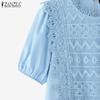 ZANZEA Women Casual Round Neck Short Sleeve Loose Crochet Patchwork Blouse