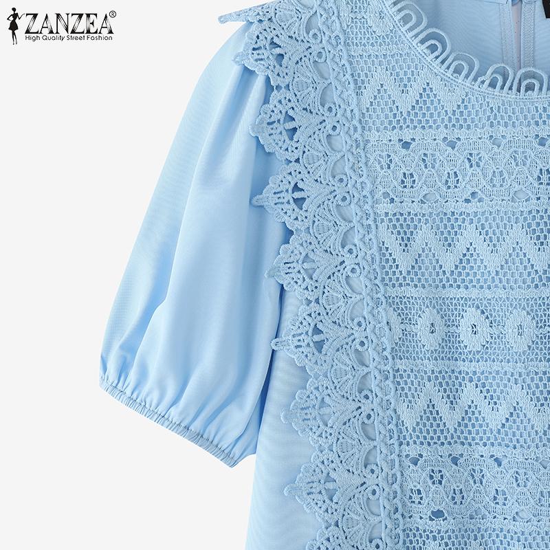 ZANZEA Women Casual Round Neck Short Sleeve Loose Crochet Patchwork Blouse