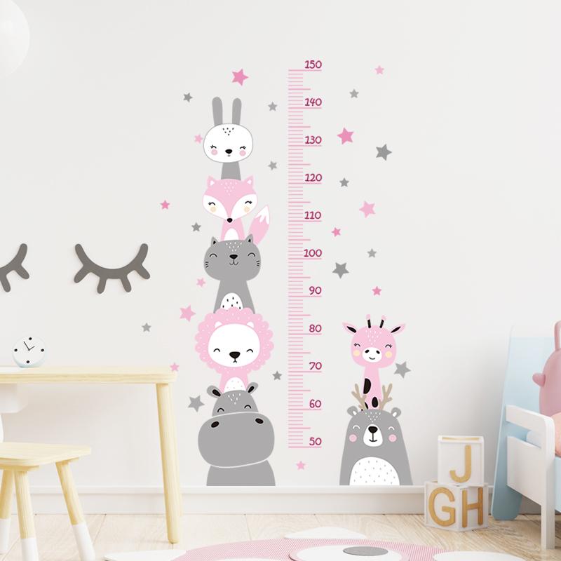 Boho Color Style Smile Animals Bear Lion Hearts Height Measurement Ruller Wall Stickers For Kids Room Baby Nursery Wall Decals